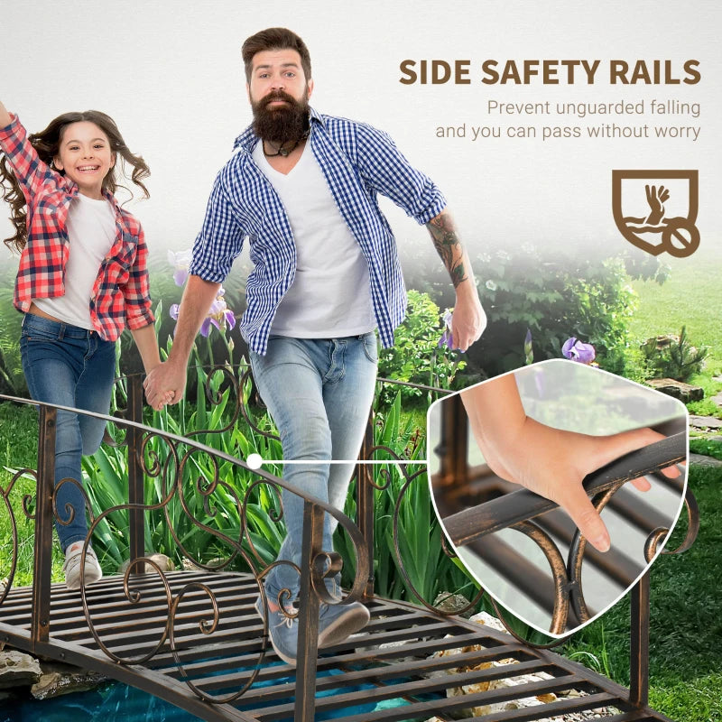 6FT Steel Garden Bridge with Safety Siderails, Decorative Arc Landscaping Bridge for Backyard Creek Stream Pond, Brown