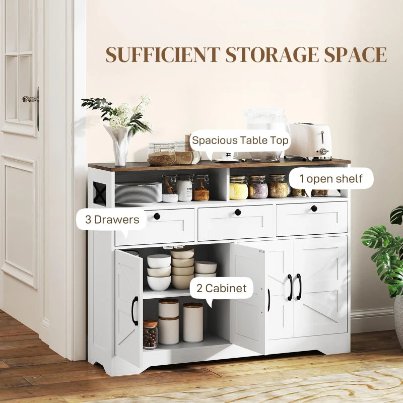 Sideboard, Buffet Cabinet with 4 Barn Doors and 3 Drawers, Coffee Bar Cabinet with Adjustable Shelves, White