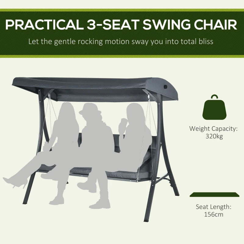 3-Person Patio Swing Chair, Outdoor Porch Swing Bench with Adjustable Canopy, Cushioned Seat, Dark Grey