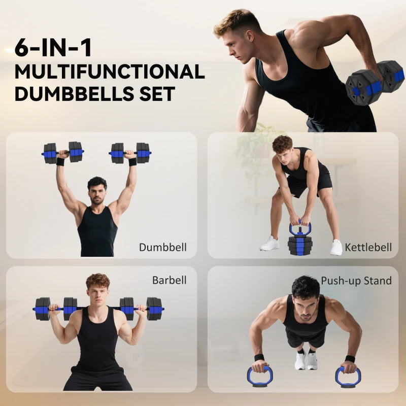 Soozier 6-in-1 Adjustable Dumbbell Set, Used as Kettlebell, Barbell, Dumbbell, Push-Up Stand, 66lbs Free Weights Set, Blue