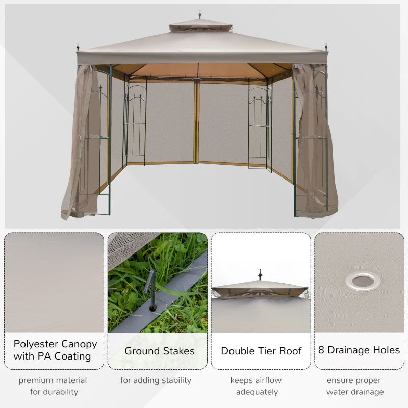 10' x 10' Steel Outdoor Patio Gazebo Canopy with Removable Mesh Curtains, Display Shelves, & Steel Frame, Brown
