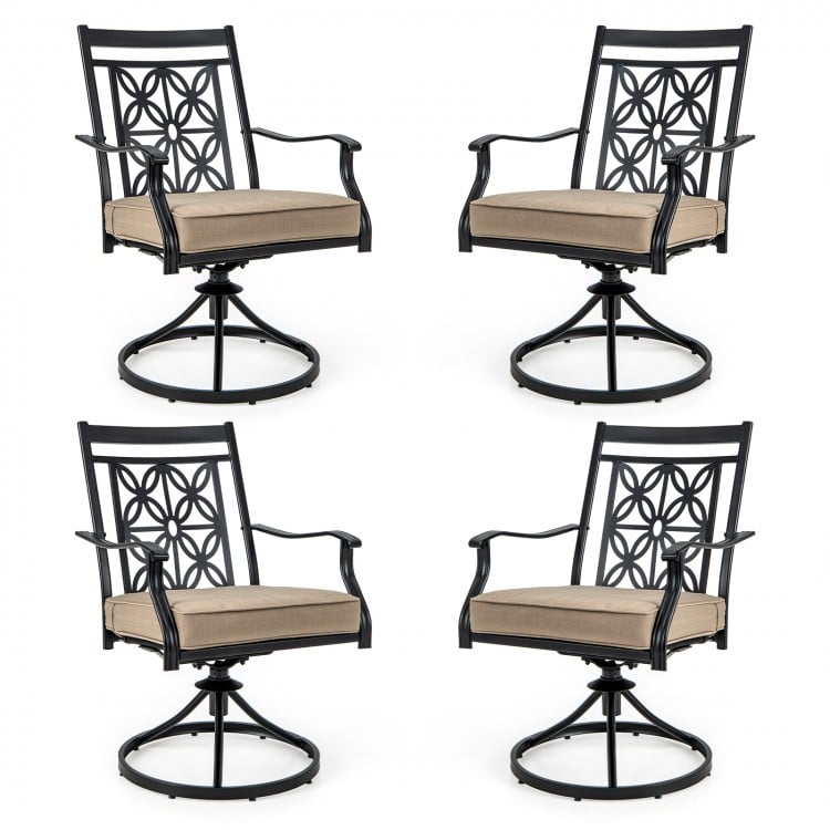2 Pieces Patio Swivel Dining Chairs with Blossom Pattern Backrest and Cushions-Black