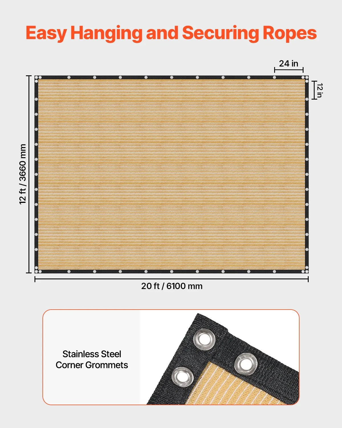 VEVOR 90% Sun Shade Cloth Privacy Screen 12 x 20 ft for Patio Garden (Beige)