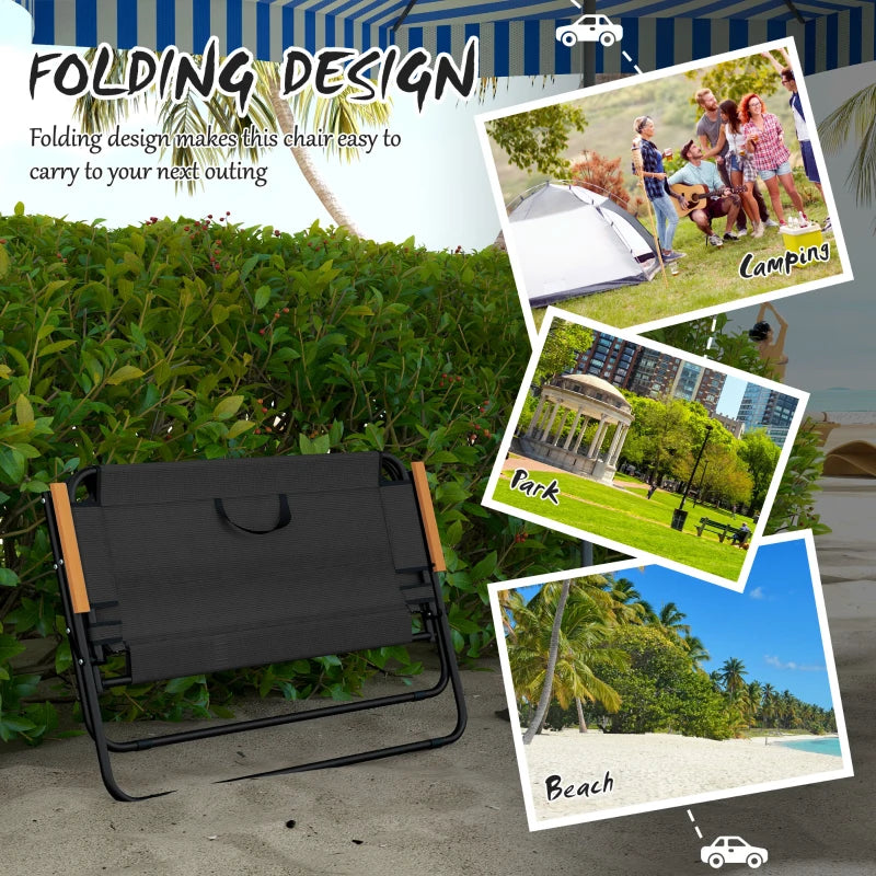 2-Seat Folding Patio Bench Camping Chair, Sports Chair with Armrest, Mesh Fabric Seat for Lawn, Black