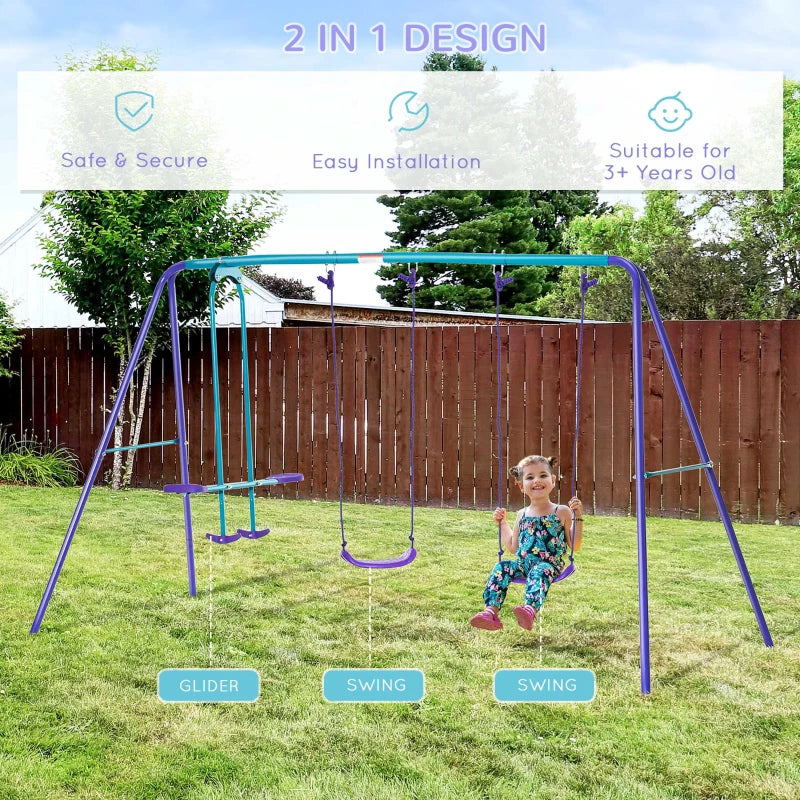 3 in 1 Metal Swing Set with Double Swings, Glider for Backyard, Outdoor, Playground, Purple