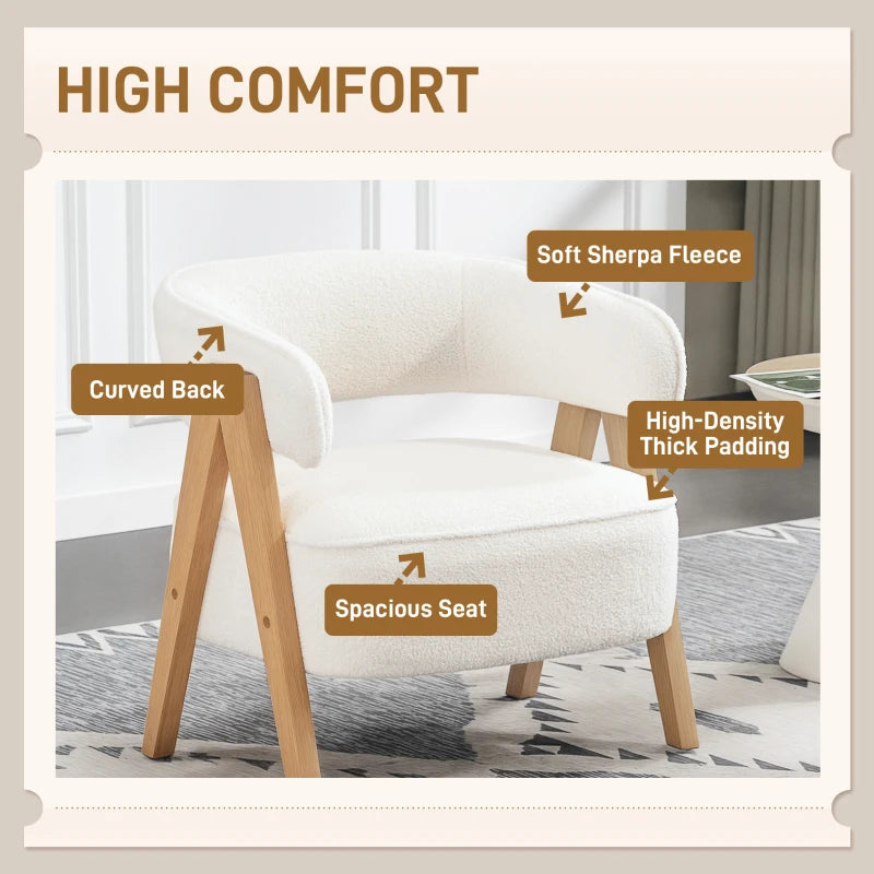 Sherpa Fleece Accent Chair, Upholstered Armchair with Solid Wood Legs and Steel Frame for Living Room, White