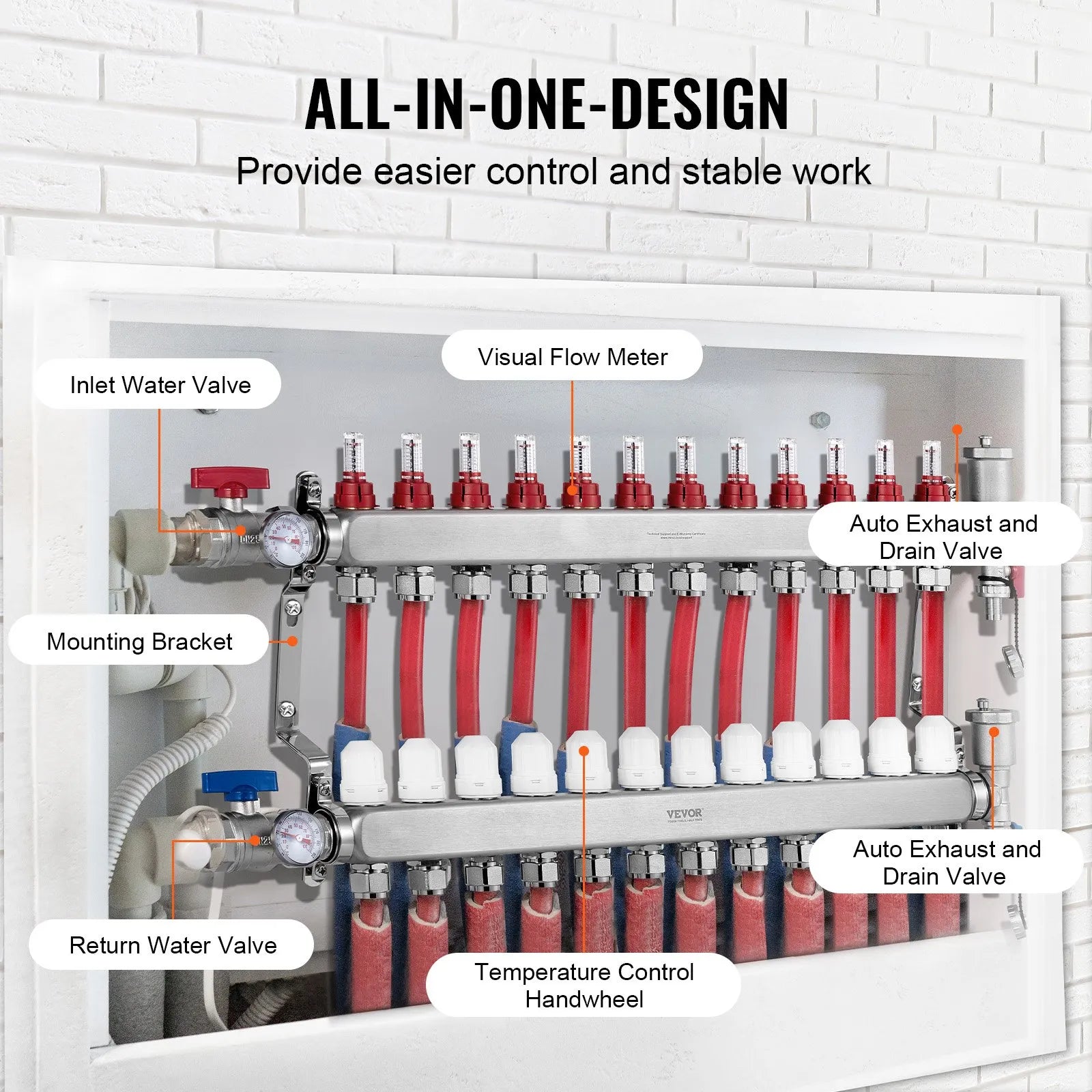 VEVOR 12-Branch Radiant Heat Manifold 1/2" PEX Tubing Floor Heating Manifold Set