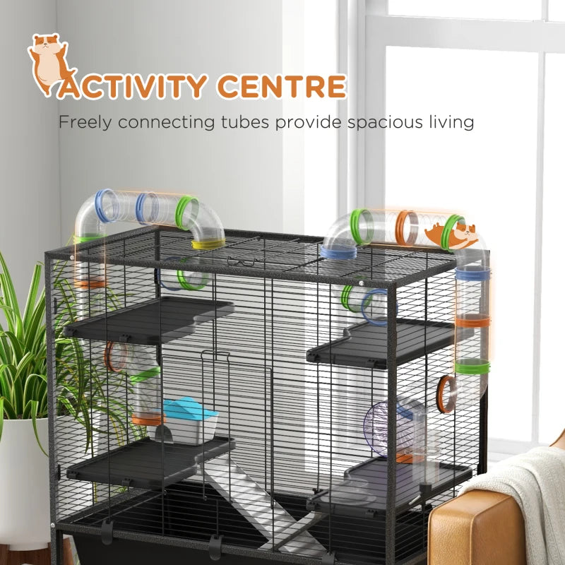 43" Rolling Hamster Cage with Tunnel Tube System, Storage Shelf, Exercise Wheel, Food Dish, Water Bottle, Ramp
