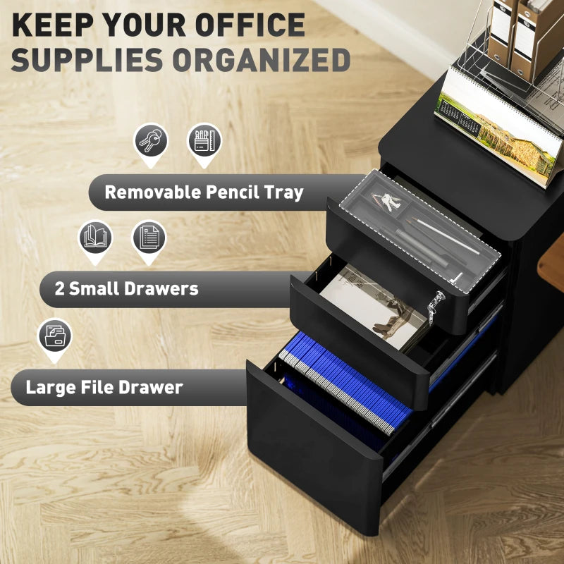 3 Drawer Filing Cabinet, Lockable Steel Office Storage Cabinet with Hanging Bar for Letter, A4, Legal Files, Black