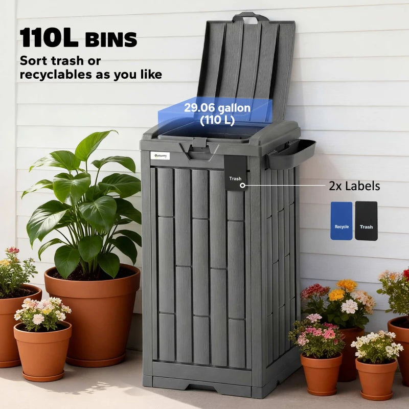 29 Gallon Outdoor Garbage Bin with Dual Lid, Plastic Outdoor Waste Trash Can with Side Holder and Drip Tray, Grey