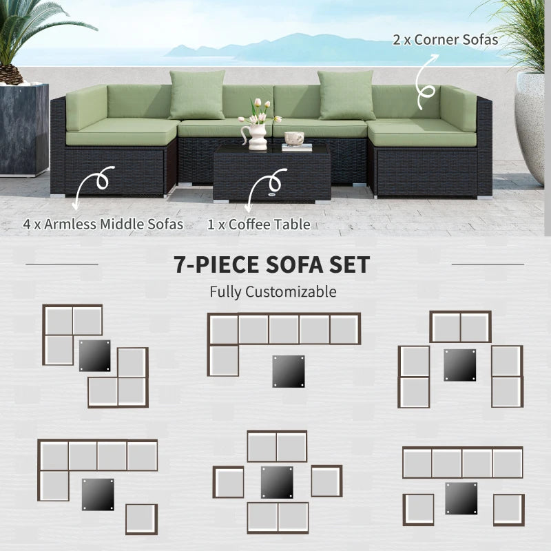 7 Pieces Outdoor Rattan Furniture Set, Patio Wicker Sectional Conversation Sofa Set, Light Green