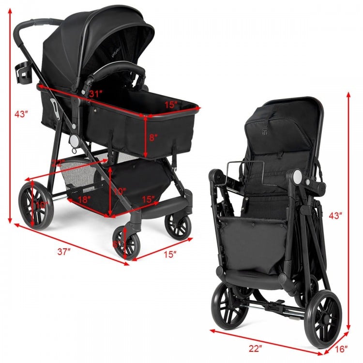 2 in 1 Foldable Pushchair Newborn Infant Baby Stroller-Black