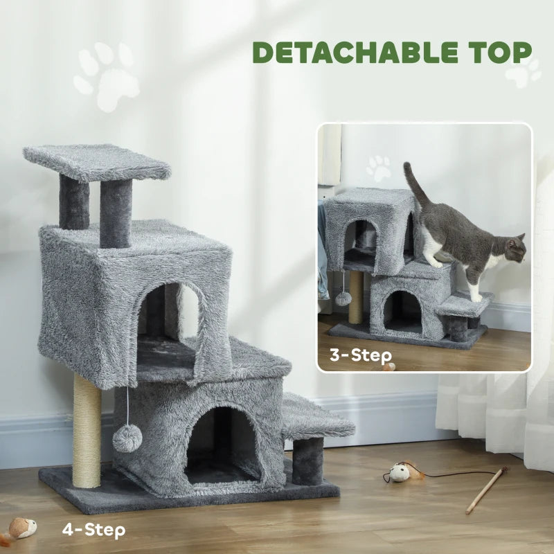 4-Step Pet Stairs, Adjustable Height Cat Stairs with Scratching Posts Cat Condo, Hanging Ball for High Bed, Grey