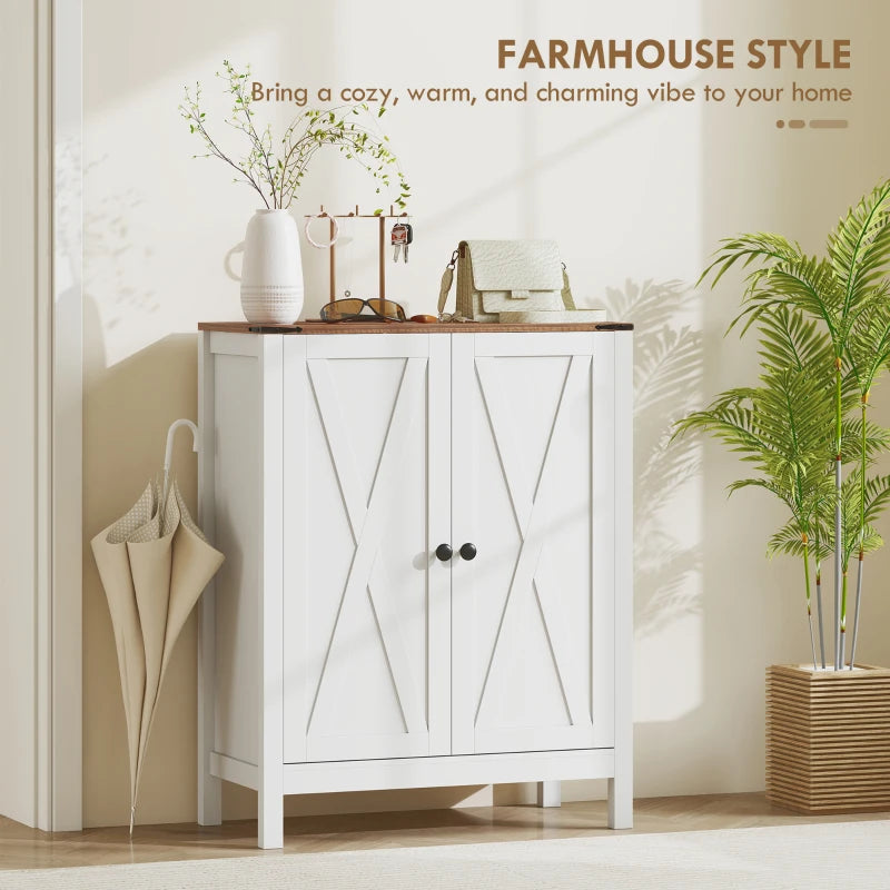 Shoe Cabinet with Barn Doors, Farmhouse Shoe Storage Cabinet with Adjustable Shelves, Holds up to 15 Pairs, White