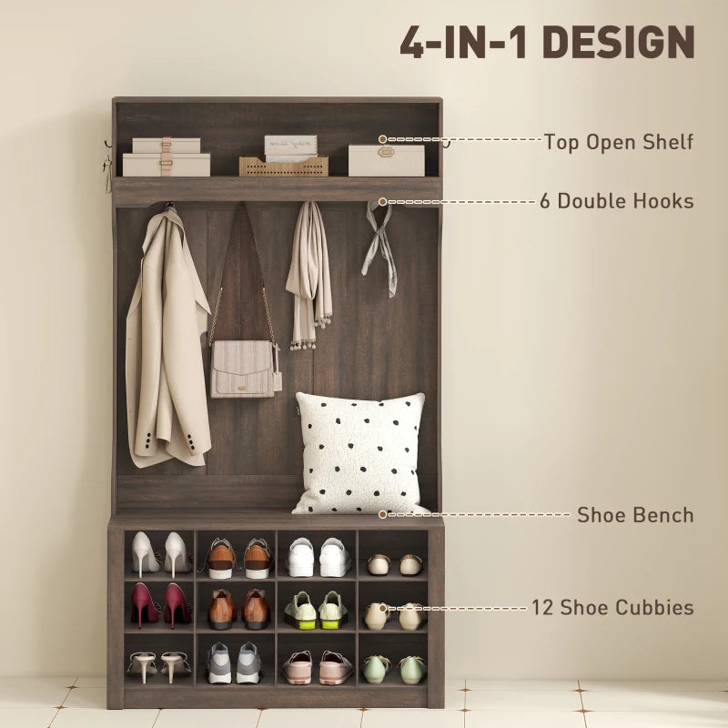 4-In-1 Hall Tree with Bench and Shoe Storage, Farmhouse Coat Rack Shoe Bench with 12 Shoe Cubbies, 6 Hooks, Dark Brown