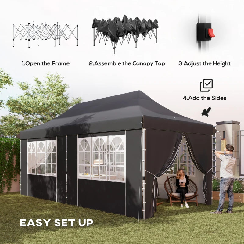 20x10 Pop Up Canopy with 6 Removable Sidewall, Carry Bag and 6 Sand Bags, Height Adjustable Instant Sun Shelter, Grey