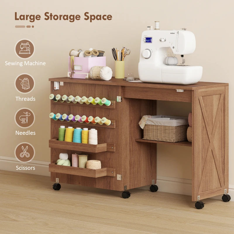 Sewing Machine Table on Wheels, Folding Craft Table with 2 Bins, Storage Shelf, 18 Pegs, Lockable Wheels, Brown