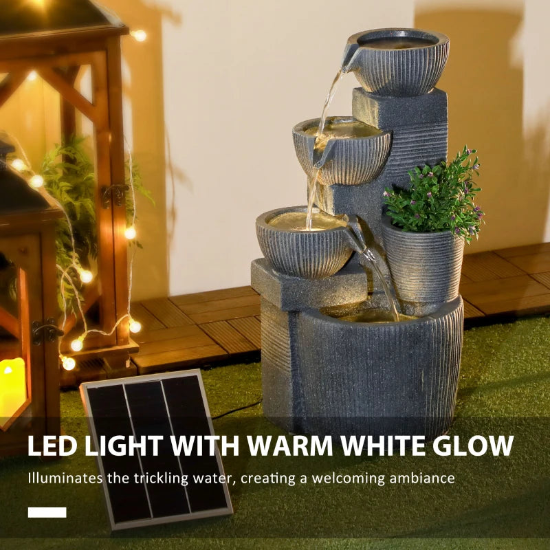 Solar Powered Outdoor Water Fountain, 4-Tier Floor Standing Resin Cascading Bowls Waterfall Fountain with LED Lights