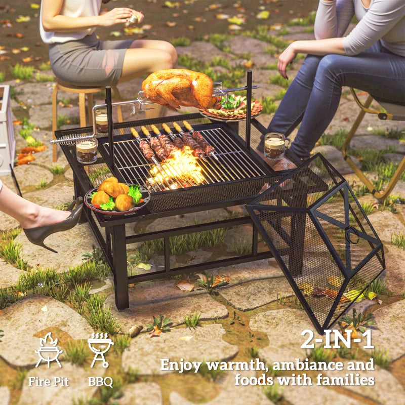 31.9" x 31.9" x 27.8" 2-in-1 Outdoor Fire Pit Firepit with BBQ Grill Grate, Wood Fire Pit with Adjustable Foot Pads, Outer Ledge, Poker, Mesh Lid for Backyard, Black