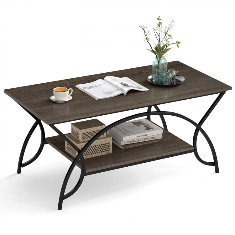 2-Tier Faux Marble Coffee Table with Marble Top and Metal Frame-Oak