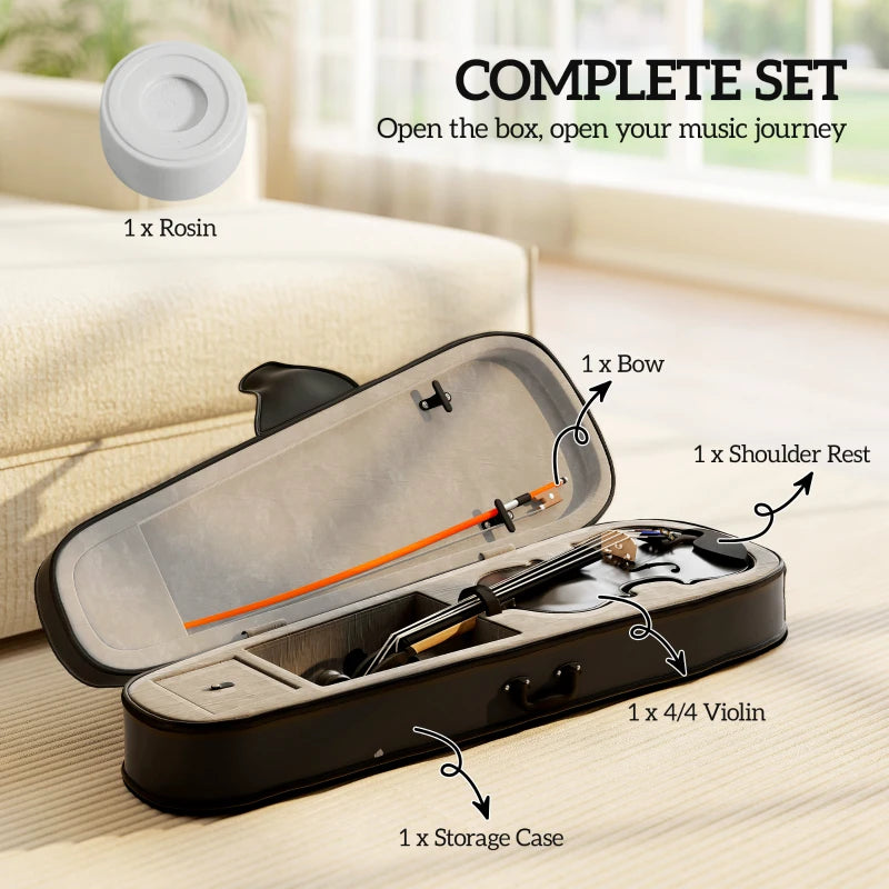 4/4 Full Size Violin, Wood Acoustic Violin Set for Beginners, Adults, with Case, Rosin, Shoulder Rest, Black