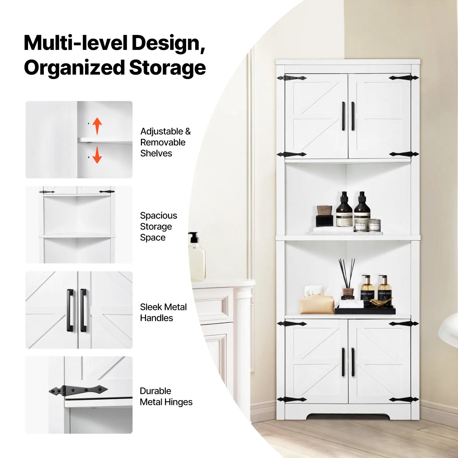 VEVOR 32" Corner Storage Cabinet with 2 Wooden Doors & Adjustable Shelves White