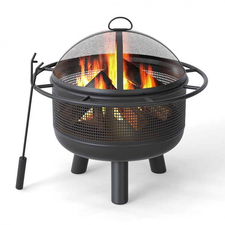 24 Inch Wood Burning Fire Pit with Log Grate and  Mesh Screen for Outside