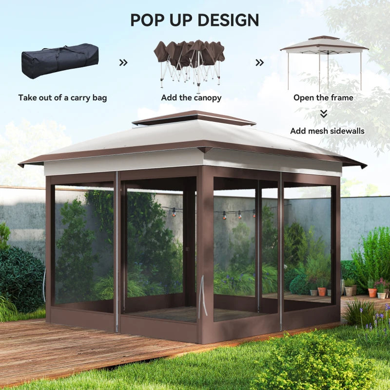 12' x 12' Pop Up Canopy Sun Shade Instant Tent Folding with Mesh Sidewalls, Beige and Dark Brown