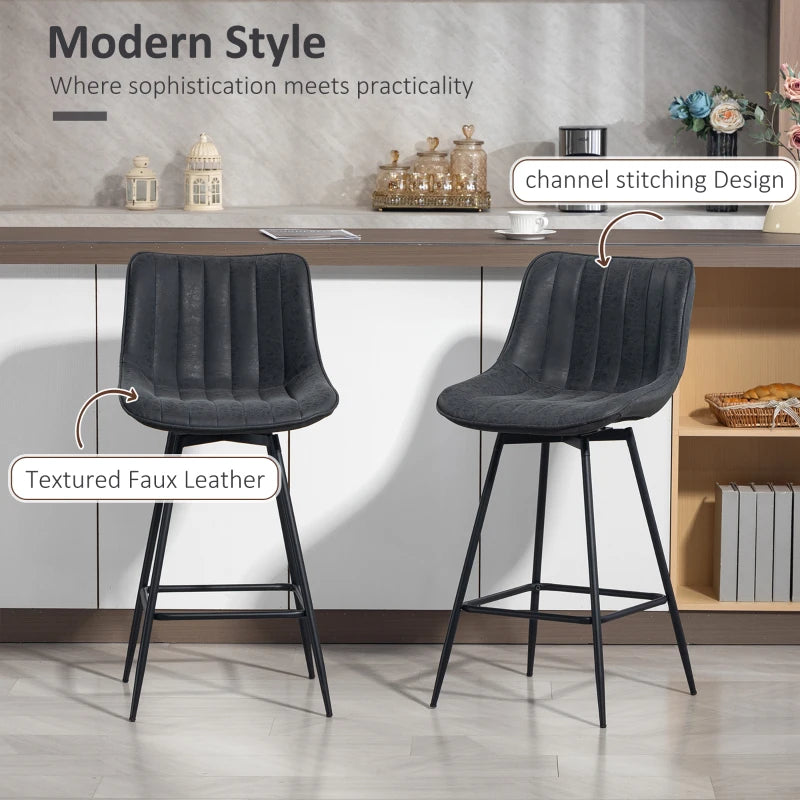 Set of 2 Counter Height Barstools, PU Leather Upholstered Bar Stools with Backrest, Footrest and Steel Legs, Black