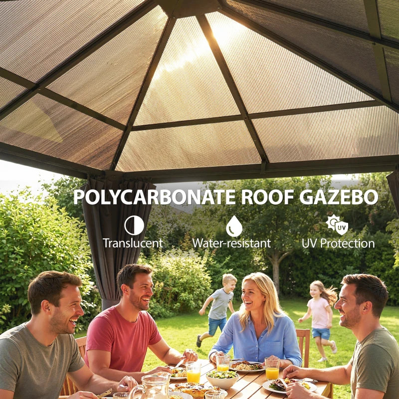 10' x 10' Outdoor Hardtop Gazebo Canopy with UV50+ Polycarbonate Roof, Steel Frame, Central Hook, Curtains, Light Grey