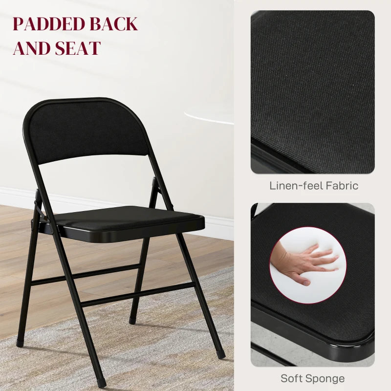 Set of 6 Metal Foldable Chairs, Linen Padded Folding Chairs with Cushion Seat and Open Back for Indoor, Black