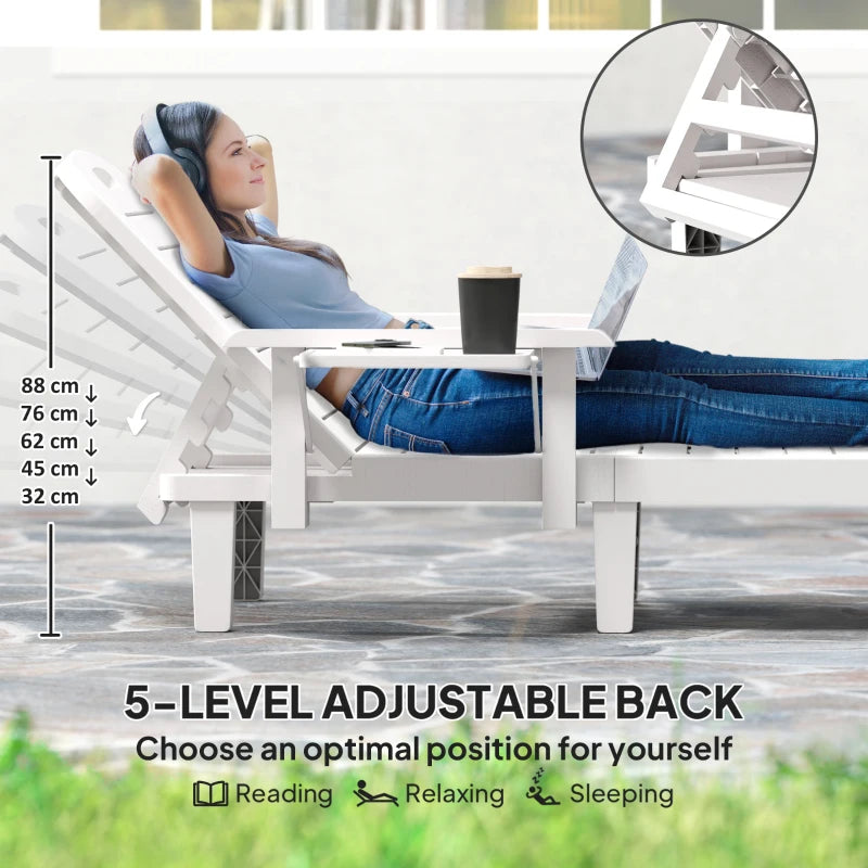 Set of 2 Tanning Chair, 5 Positions Adjustable Outdoor Lounge Chairs with Foldable Side Table, White