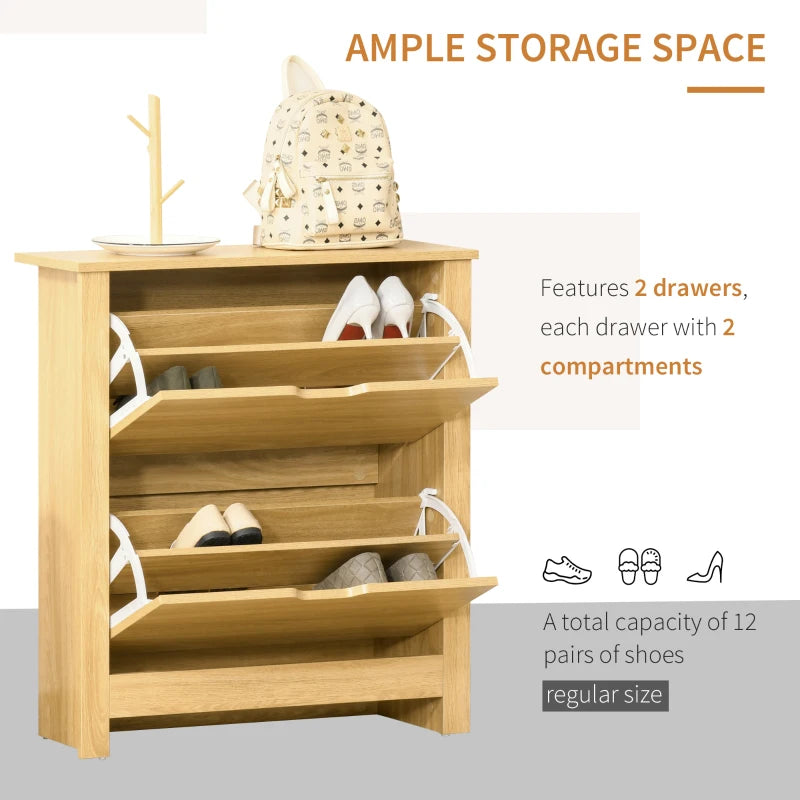 Shoe Storage Cabinet with 2 Flip Drawers and Adjustable Shelves for 12 Pairs of Shoes, Natural Wood