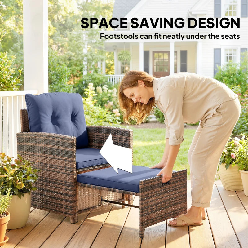 5 Piece Patio Furniture Set, Wicker Patio Chairs with Ottomans, 2-Tier Glass Coffee Table and Cushions, Brown/Dark Blue