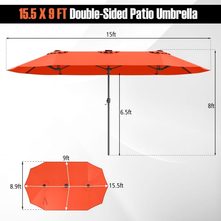 15.5 FT Extra-Large Patio Umbrella with LED Solar Lights and Crank Handle-Orange