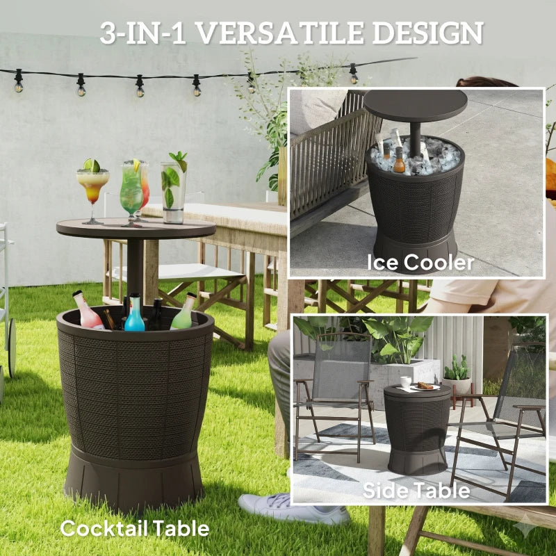 11 Gallon Patio Cooler Side Table, Outdoor Cooler Bar Table with Height Adjustable Top, Drainage Plug, Brown