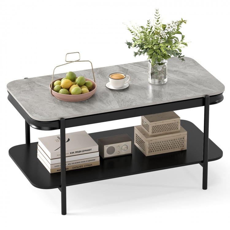 2-Tier Modern Rectangular Coffee Table with Sintered Stone Top-Gray