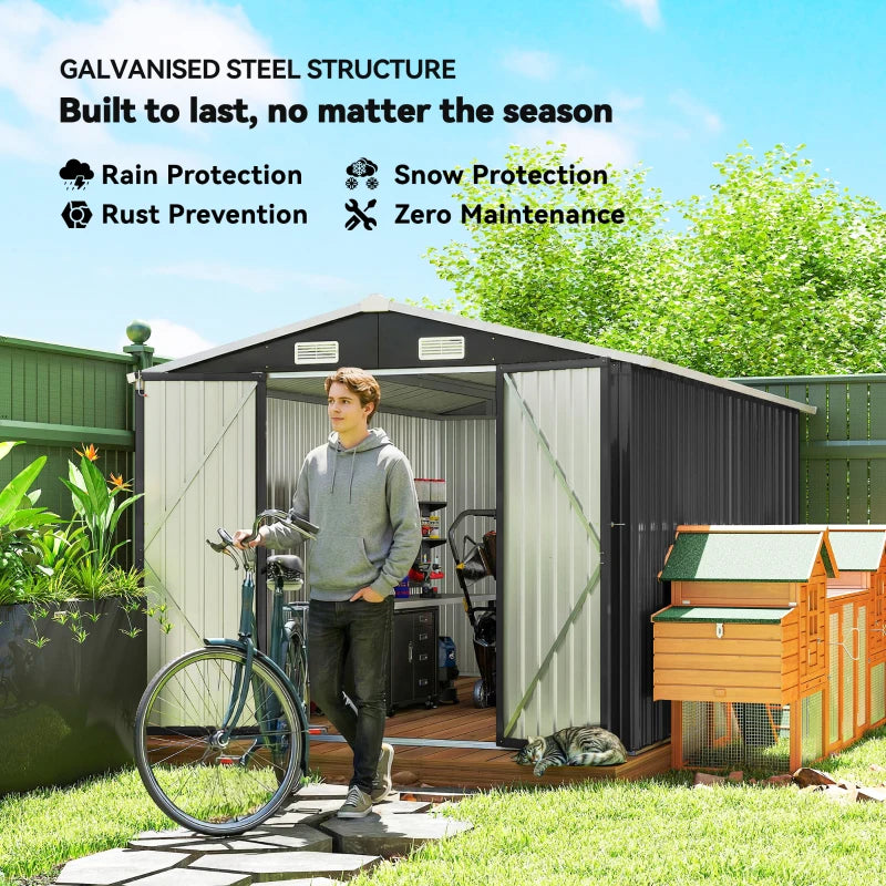 10' x 10' Metal Shed, Heavy Duty Outdoor Storage Shed with 4 Vents and Lockable Double Doors, Dark Grey