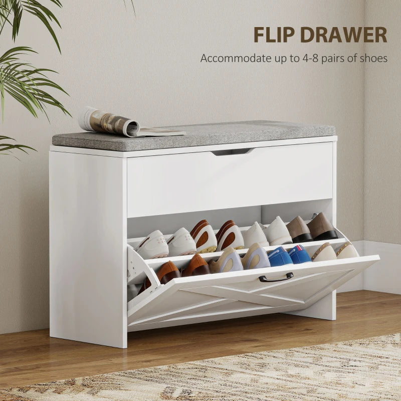 Shoe Storage Bench with Flip Drawer and Lift Top Storage, Entryway Bench with Seat Cushion for Hallway, White