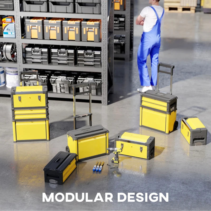 3-in-1 Tool Box with Wheels, Stackable, Modular Steel Toolbox with Tray, Handles, Latches for Workshop, Garage, Yellow