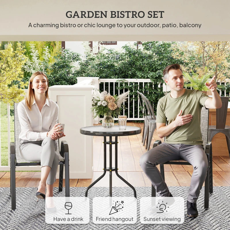 3 Pieces Bistro Set, Small Patio Furniture Set with Stackable Mesh Chairs, Glass Table for Garden, Balcony, Grey