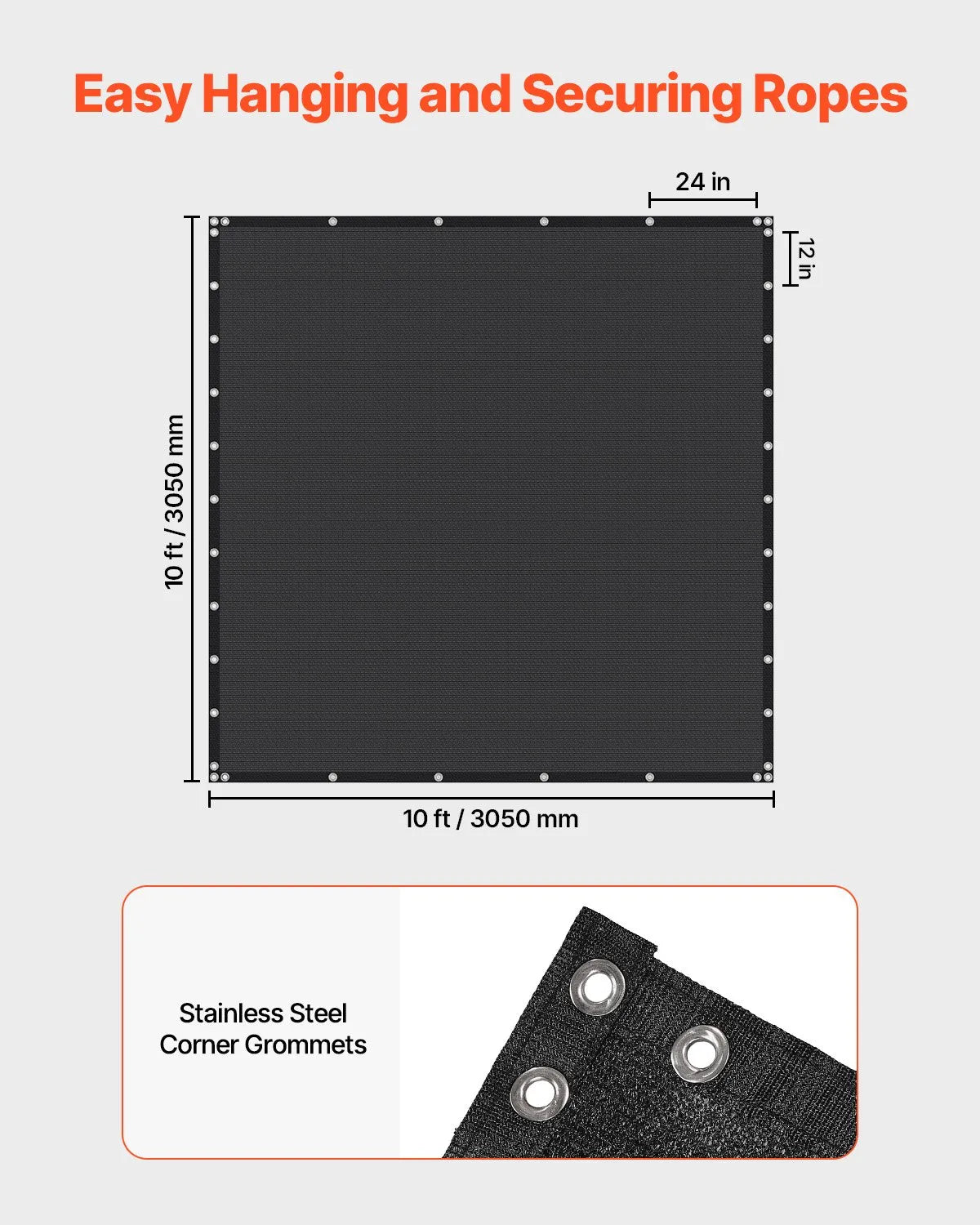 VEVOR 90% Sun Shade Cloth Privacy Screen 10 x 10 ft for Patio Garden (Black)