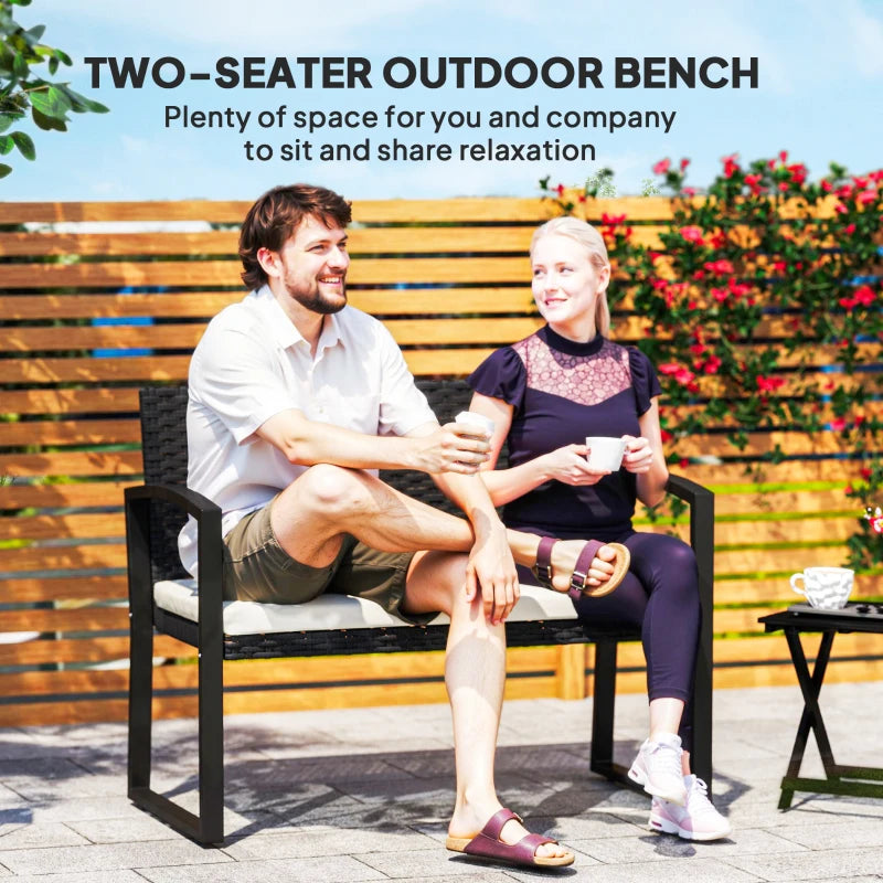 2 Seater Outdoor Bench, Rattan Garden Bench Loveseat with Cushion, Armrests, Steel Frame for Patio, Porch, Beige