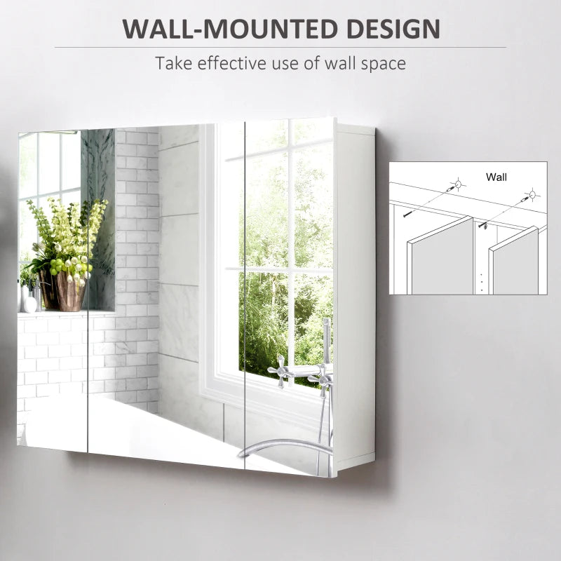 28" x 24" Wall Mounted Mirror Cabinet, Bathroom Medicine Cabinet with Mirror, 3 Doors and Adjustable Shelves, White