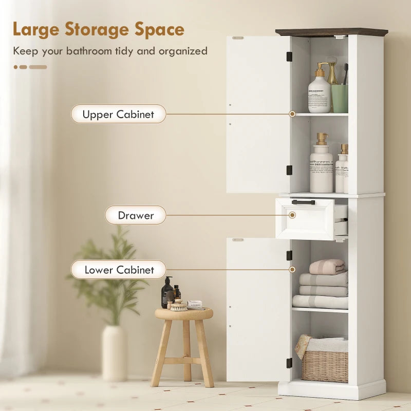 65" Tall Bathroom Storage Cabinet, Freestanding Farmhouse Slim Bathroom Cabinet with 2 Doors, Shelves and Drawer, White