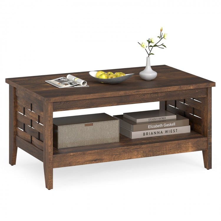 2-Tier Farmhouse Coffee Table with Open Shelf and Woven Decorations for Living Room-Rustic Brown