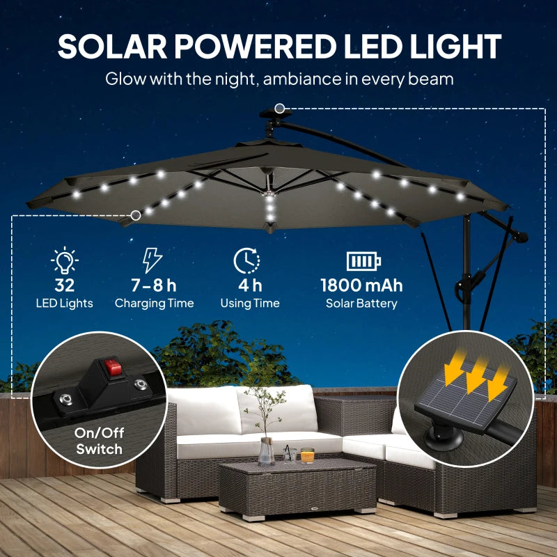 11.3 ft Cantilever Patio Umbrella with Light, Cover, Aluminium UPF50+ Offset Outdoor Umbrella Parasol, Dark Grey