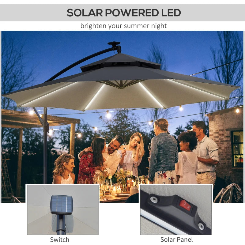 10FT Cantilever Patio Umbrella with Lights Solar Powered Offset Umbrella with Crank and Cross Base for Deck Grey