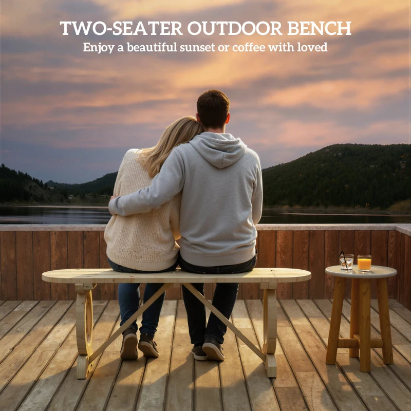 2-Person Outdoor Bench, Wood Garden Bench with Wagon Wheel Legs, Slatted Seat for Patio, Park, Backyard, Natural Wood