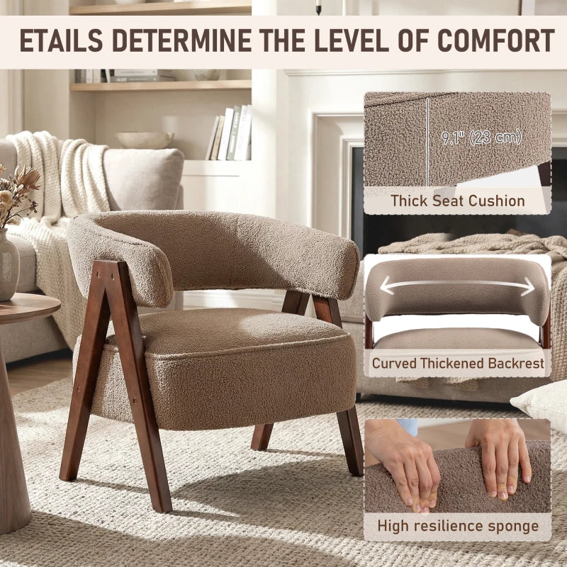 Sherpa Fleece Accent Chair, Upholstered Armchair with Solid Wood Legs and Steel Frame for Living Room, Light Brown